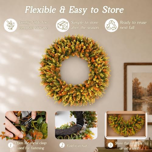 Vlorart Large Fall Wreaths for Front Door, Fall Wreath 24 Inch, Handmade Boxwood Wreath with Cream Linen Sash, Waterproof UV-Resistant Outdoor Autumn Decor for Farmhouse Porch, Window and Thanksgiving - Image 3