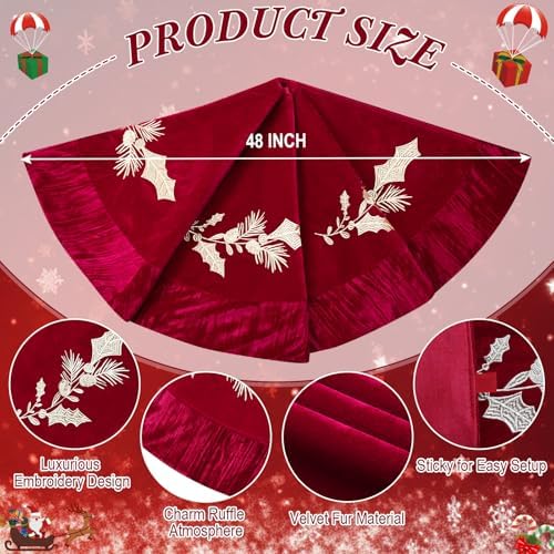 48 Inches Velvet Christmas Tree Skirt Red Wine Luxury Xmas Gold Fur Plush Skirts with Gold Embroidered Holly for Merry Christmas Party Rustic Vintage Holiday Home Winter Decorations - Image 3