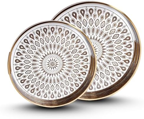 HOME ARCHIVE Round Serving Tray with with Handles Antique Look & Stylish Design Decorative Trays for Kitchen Round Ottoman Tray for Dinning Living Room & Home Decor Pack of 2 (White-Gold) by HOMEARCHIVE