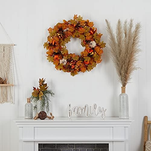 Nearly Natural 30 in Artificial Autumn Pumpkin Maple Leaf Wreath Wall Decor - Image 4