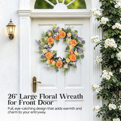 26" Large Summer Front Door Wreath, Artificial Silk Peony Orchid Rose Lavender Floral Wreath with Coin Leaf Greenery, Rustic Farmhouse Door Decor for Porch,Entryway,Mantel,Indoor Outdoor Home - Image 2
