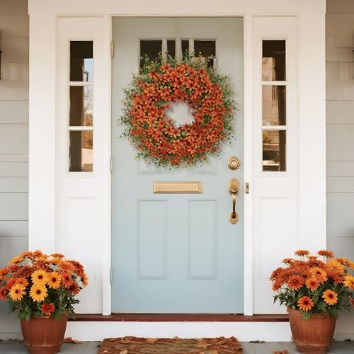 26" Large Artificial Eucalyptus Silk Flower Wreath for Outdoor(Fall Orange) - Image 2