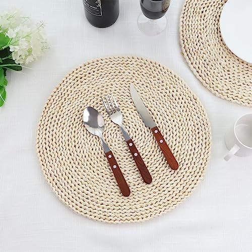 YRMT Round Woven Placemats Set of 6 Corn Husk Woven Placemat Braided Straw Water Hyacinth Place Mats for Dining Table, Wedding, Natural 13.8" in - Image 2