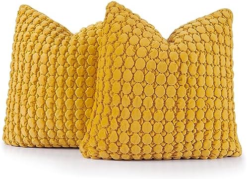 Pillow Covers 24x24 Set of 2 Velvet Euro Shams Decorative Farmhouse Pillowcases Boho Square Cushion Covers Soft Bubble Texture for Couch Sofa Bed Bedroom Car Living Room，Yellow by COCOPLOCEUS