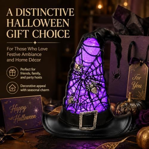 Halloween Witch Hat Snow Globe Lantern with Swirling Glitter, Purple Light - Image 7