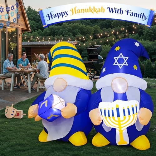 4FT Hanukkah Decorations Outdoor Inflatable Gnome Couple Hold Menorah Dreidel Built-in LED Lights, Chanukah Decorations for Home, Hanukkah Blow Up Yard Decoration for Lawn Garden Holiday Party - Image 5