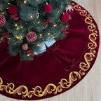 60-Inch Velvet Christmas Tree Skirt with Golden Swirl Embroidery and Lace Tie Closures, Burgundy by StarryDynamo
