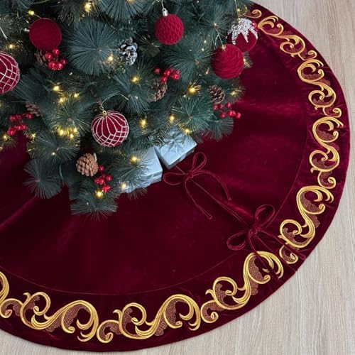 60-Inch Velvet Christmas Tree Skirt with Golden Swirl Embroidery and Lace Tie Closures, Burgundy by StarryDynamo