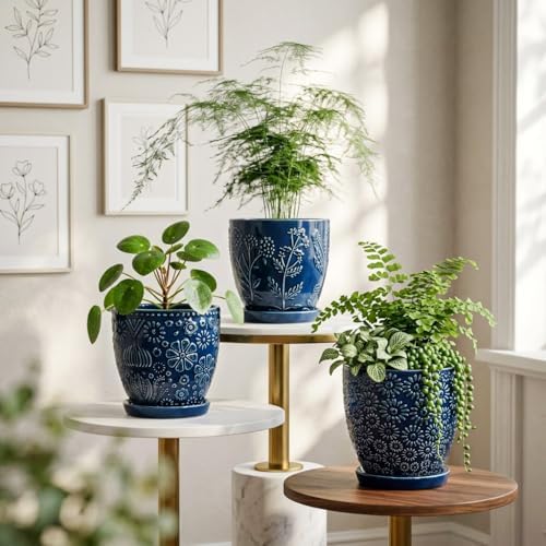 Hollyone Set of 3 Blue Ceramic Planter 6 Inch Flower Plant Pot with Drainage Hole and Saucer for Plants Embossed Indoor Outdoor Garden Embossed Ceramic Glazed Round Pot for Succulent Orchid - Image 5