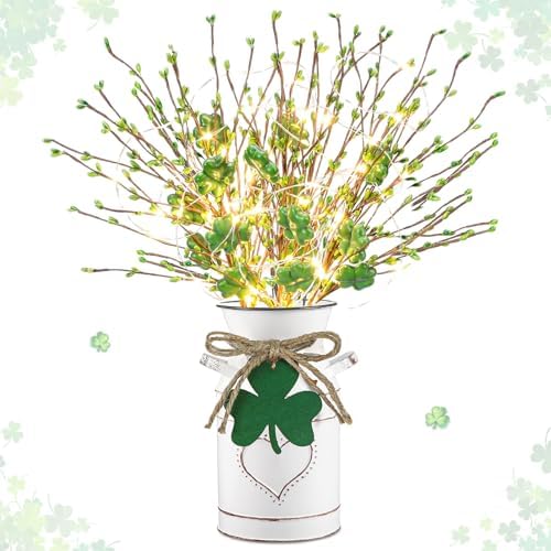 Tioncy 1 Set St. Patrick's Day Table Centerpieces Artificial Berry Stems Shamrock Flower Pick with Metal Vase and String Light Rustic Farmhouse Irish St Patrick's Day Decorations for Home Office Desk by Tioncy
