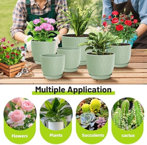 Plastic Plant Pots 10/9/8/7.5/7 inch Set of 5, Flower Planters with Drainage Holes and Saucers, Plastic Pots for Indoor Outdoor Plants, Livingroom Garden Decor (Green) - Image 5