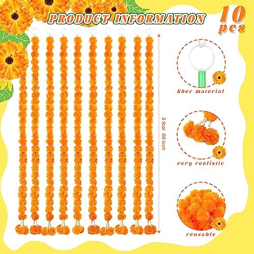 Giegxin 10 Pack Marigold Garland 5 ft Artificial Orange Diwali - Image 2