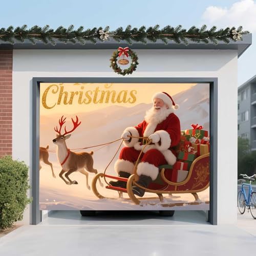 Christmas Garage Door Banner Cover – Santa Claus Sleigh & Reindeer Outdoor Holiday Mural, Large Waterproof Reusable Xmas Garage Decoration Backdrop for Party Décor, 8 x 7ft/2.4 x 2.1m - Image 4