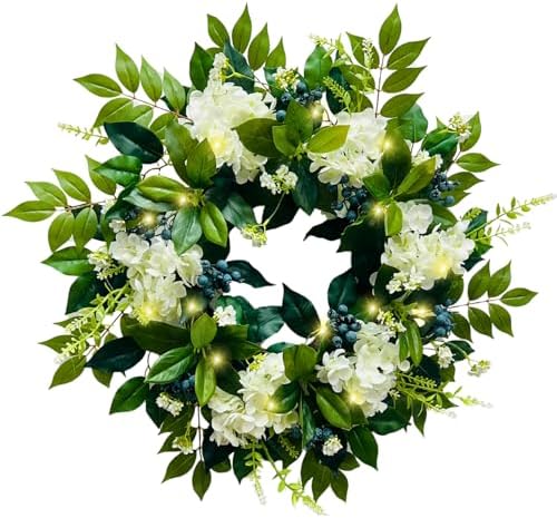 Svndlyn 22 Inch Lighted White Hydrangea Wreath with Timer, 2 Light Modes - Image 2