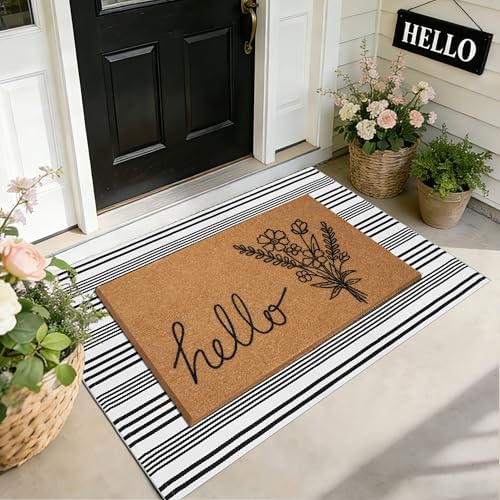 2 PCS Spring Welcome Door Mat Set, 17"x30" Coir Doormat with Non-Slip Backing & Black White Striped Mat, Farmhouse Spring Wildflower Doormat for Layering Front Porch, Patio, Entryway Spring Home Decor by Unknown