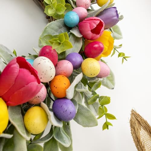 Easter Wreaths for Front Door 20 Inch Easter Wreath Artificial Colorful Egg Wreath with Tulip and Flocked Lambs Ear for Home Indoor Outdoor Hoilday Party Decorations - Image 3