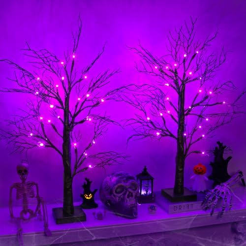2 Pack 24 Inch Black Halloween Tree with 48 LED Purple Lights, Timer/USB/Battery Operated Halloween Table Decorations Lighted Spooky Tree for Home Office Room Decor Indoor by Huyamap