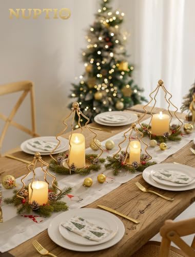 NUPTIO Christmas Tree Candle Holders: Gold Lanterns Set of 2 with Wreaths - Image 3