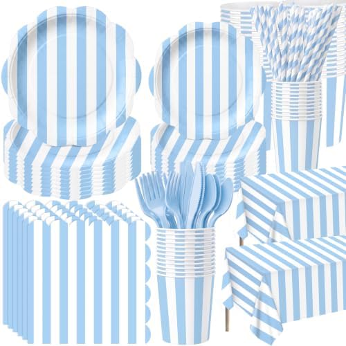 Funnymoom 434 Pcs Blue Striped Party Decorations Paper Plates Serves 48 by Funnymoom