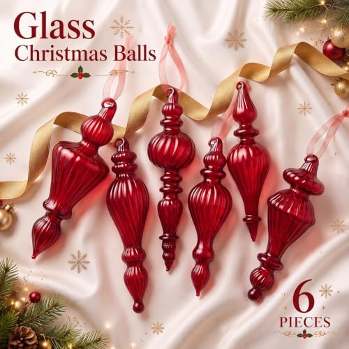 Sotiff 6Pcs Red Mercury Glass Christmas Ornaments,Vintage Finial Decoration - Image 6