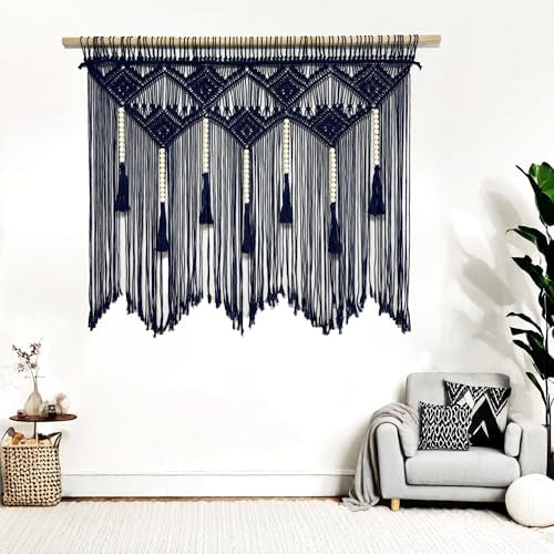 Youngeast Large Macrame Wall Hanging Boho Woven Tapestry Bohemian Macrame Wall Decor Handmade Tassel Tapestry Home Decoration for Bedroom Living Room 39"X31" (Wood Dowels Not Included) (Navy) - Image 3