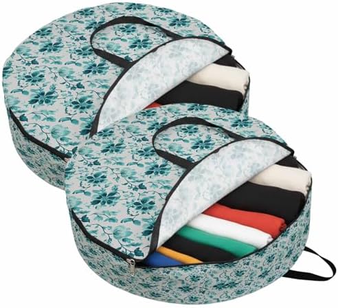 36 Inch Round Storage Bag 2 Pack,Ombre Turquoise Wild Flower Waterproof Wreath Storage Container with Handles&Zipper Farmhouse Leaves Herb Closet Organizer Bags Garland Box - Image 2