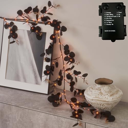 Hairui Lighted Black Eucalyptus Garland with Timer 96 LED Orange and Warm White Fairy Lights,Halloween Garland with Lights 6FT Battery Operated with 10 Functions for Fireplace Halloween Decoration by Hairui