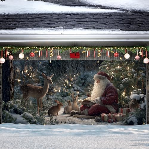 ANNA QUEEN Christmas Garage Door Banner 6×13 FT, Santa Reading Story to Forest Animals, Heart-Warming Holiday Scene, Outdoor Garage Decoration for Parties Home Decor - Image 2