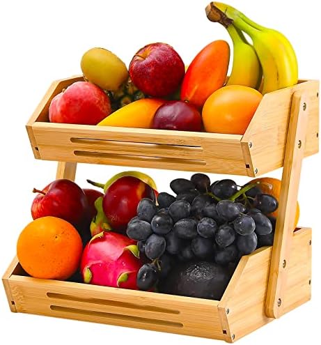 VIKEYHOME 2-Tier Bamboo Fruit Basket - 11" Tall Kitchen Countertop Stand - Image 3