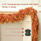 9ft Thanksgiving Fall Cedar Garland with Lights for Mantle Holiday Decor - Image 3