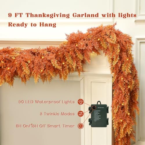 9ft Thanksgiving Fall Cedar Garland with Lights for Mantle Holiday Decor - Image 3