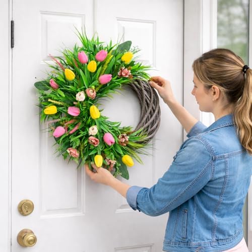 Spring Summer Wreath for Front Door, 24 Inch Artificial Tulip Wreath with Pink Yellow Lavender and Eucalyptus Greenery for Indoor Outdoor Home Farmhouse Wall Decor - Image 2