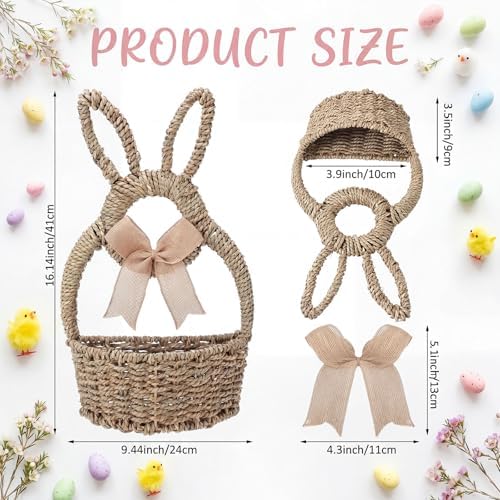 Reallnaive 16 x 9.4 x 3.9 Inch Easter Bunny Basket Hand Woven Wicker Rabbit Wreath Basket Hanging Wall Pocket Spring Wreath Decor with White Floral for Front Door Hanging Decoration - Image 2