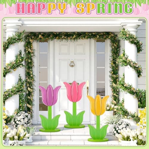 3 Pcs Large Spring Porch Decorations Wooden Tulip Yard Signs Outdoor Spring Decorations Tulip Flower Block Sign for Holiday Front Home Door Outdoor, 15.75 Inch - Image 6