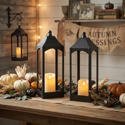 Fall Decor - 2-Pack 16.41" Black Metal Vintage Candle Lanterns with LED Flameless Candles – Decorative Indoor/Outdoor Fall Decorations for Home, Halloween Decor for Porch Mantel Table（NO Glass） - Image 4
