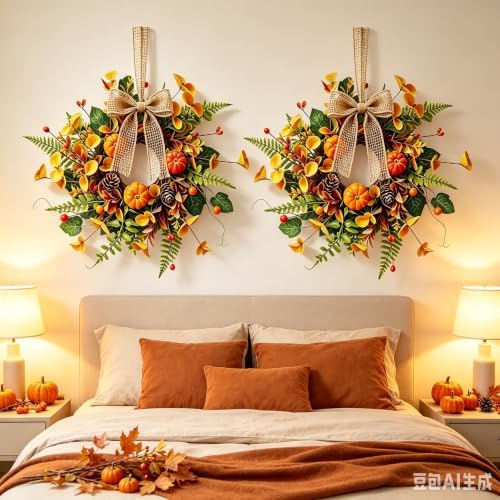 10 PCS Mini Fall Wreaths for Kitchen Cabinets Small Fall Hanging Wreath with Pumpkins Pinecones Berries Eucalyptus Thanksgiving Wreath for Front Door Window Cabinet Farmhouse Decor - Image 7