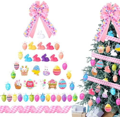 Halfchet 43 Pcs Easter Decorations Tree Ornaments Kit Easter Egg Rabbit Paper Cards Ornaments with Bow and Ribbon for Holiday Party Tree Hanging Decorations by JaaMiin