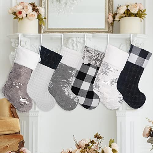 LUBOT 6 Pack Christmas Stockings Large Family Xmas Stocking Black White Gray Contrast Match Flannel Plaid Plush Sequins Hanging for Decorations Holiday - Image 3
