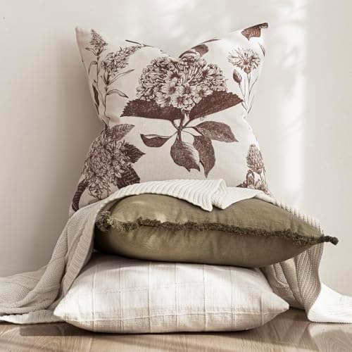 Foindtower Set of 2 Linen Floral Throw Pillow Covers Neutral Vintage Print Decorative Cushion Covers Farmhouse Boho Home Decor for Sofa Chair Couch Bedroom Living Room,18×18 Inch,Dark Brown - Image 5