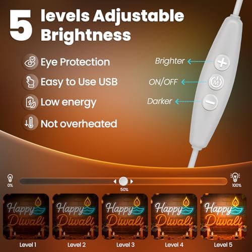 Happy Diwali Neon Sign,Neon signs For Wall Decor,USB Powerd with Dimmable Brightness Diwali Decor,Neon Lights for Festival,Diwali Decorations for Home,Indoor Diwali Lights for Party,Mandir - Image 4