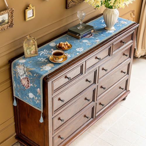 Floral Embroidered Table Runner 72" Non-Slip with Tassels, Dusty Blue - Image 2