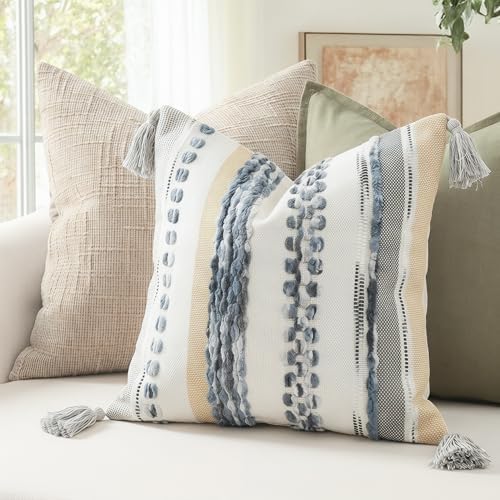 PANOD Chenille Farmhouse Throw Pillow Covers 18 x 18 Grey, Neutral Boucle Couch Pillow Cover, Striped Decorative Boho Coushion Cover Pillow Case for Couch Bed Sofa Bedroom,Modern Accent,Set of 2 - Image 5