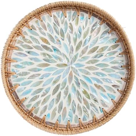 Round Rattan Tray with Mother of Pearl Inlay, Rattan Serving Tray for Coffee, Bread, Fruits, Decorative Wicker Tray for Table Decor, Home Decor, Kitchen Island Decor (Ambilight, 11.8") by Tynulox