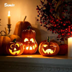Sunlit Ceramic Pumpkin with 3 Tea Lights, Jack O Lantern Candle Holder Set of 3, Tabletop Indoor Halloween Decorations for Holiday Party Home - Image 5