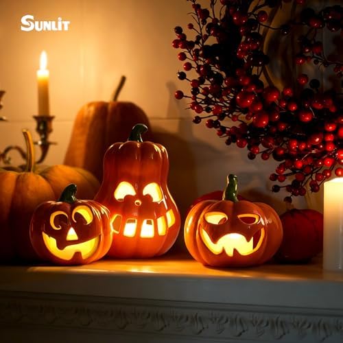 Sunlit Ceramic Pumpkin with 3 Tea Lights, Jack O Lantern Candle Holder Set of 3, Tabletop Indoor Halloween Decorations for Holiday Party Home - Image 5