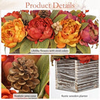 Fall Peonies Artificial Flowers Arrangements In Rustic Wooden Box Planter - Image 4