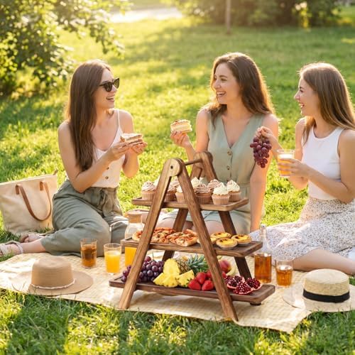 Brown Wood 3 Tier Foldable Serving Tray for Cupcake Dessert Stand,Rectangular Farmhouse Stand Charcuterie Board Wedding Party Decorative Tray Decor - Image 4