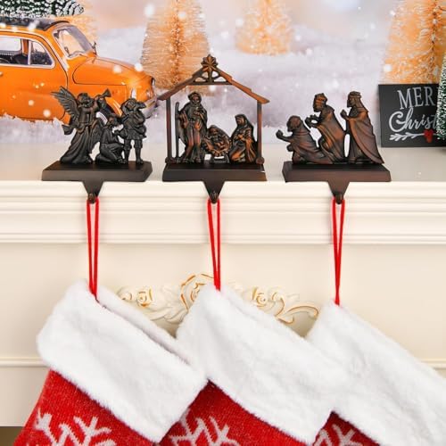 Christmas Stocking Holder Set of 3 Metal Nativity Stockings Hanger Hook Mantle or Fireplace Decor Vintage Decorations Nativity Christmas Stocking Fireplace Holders for Mantle(Nativity,3) - Image 5