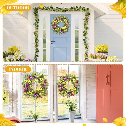 Hotop 2 Pcs Spring Summer Door Wreath for Front Door 22'' Artificial Yellow Purple Pansy Floral Wreath with Butterfly Green Eucalyptus Leaves for Indoor Outdoor Home Wedding Farmhouse Window Decor - Image 4