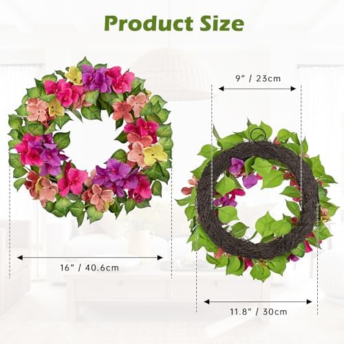 Briful Artificial Bougainvillea Wreath for Front Door, 16in Realistic Faux Floral Wreath Summer Spring Wreath for Wall Window Mantle Outdoor Porch Decor - Image 2